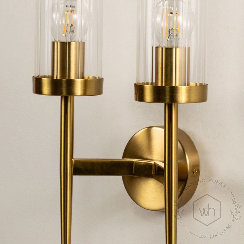 Dual Modern Cylindrical Glass Golden Lighting Fixture Closeup