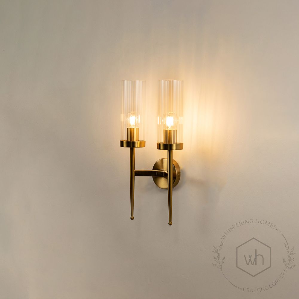 Dual Modern Cylindrical Glass Golden Lighting Fixture Light On White Background