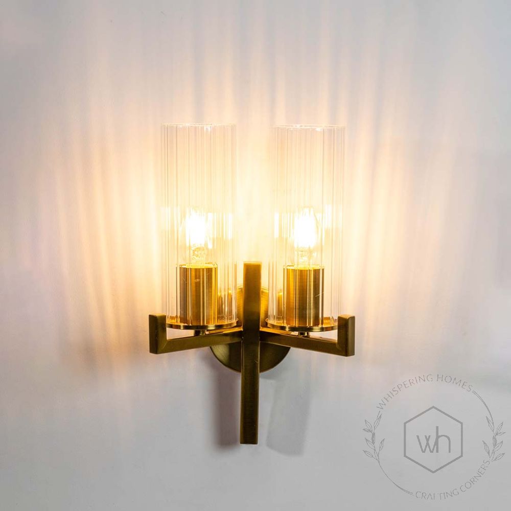 Evolve Double Nordic Style Modern Golden Metal & Glass Light Light On White Background