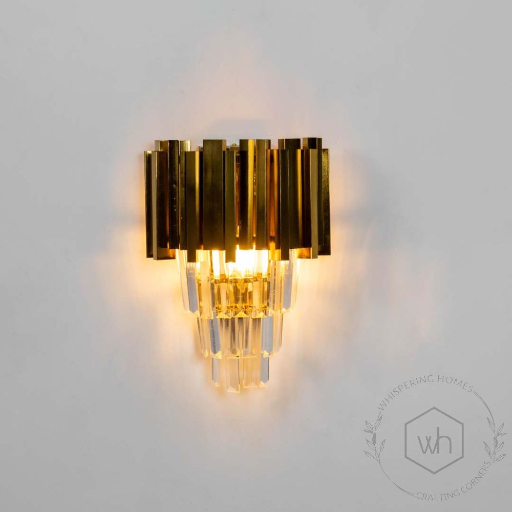 Cascade Gold Crystal Glass Wall Light Light On White Background