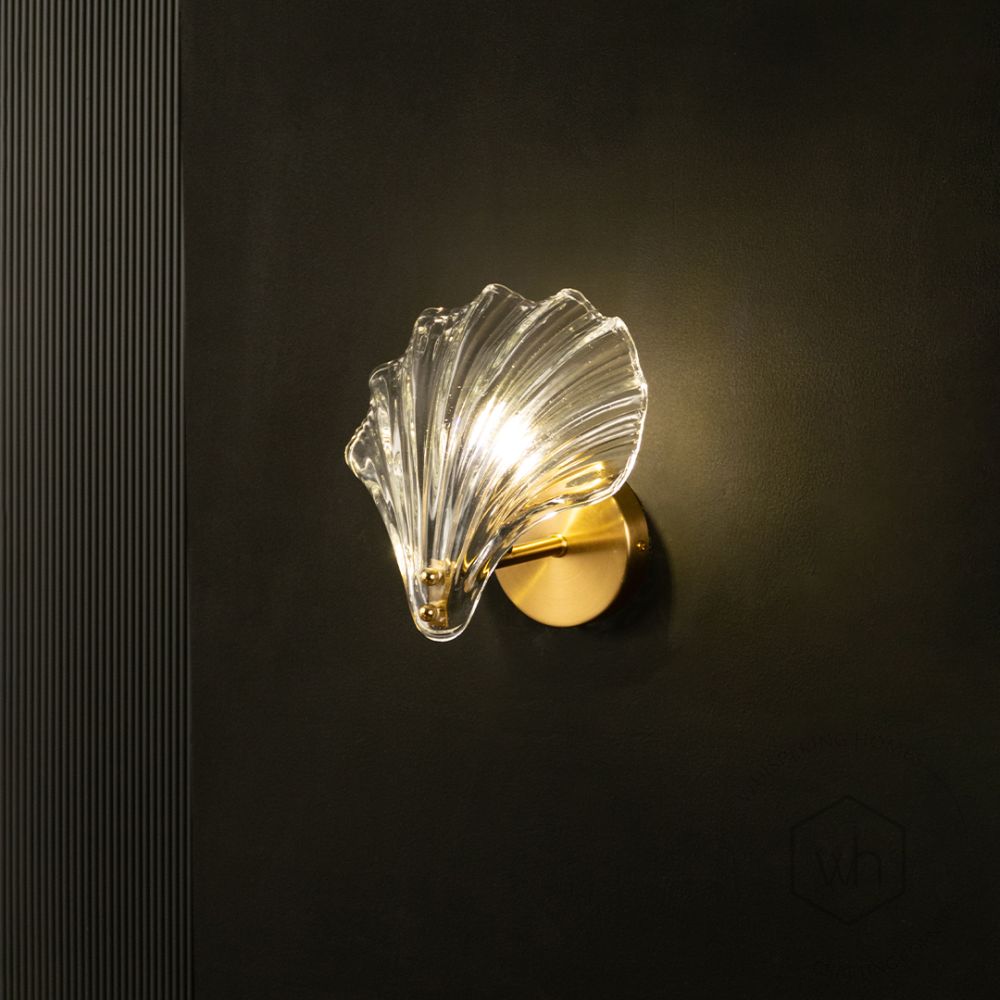 American Style Crystal Glass Shell Metal Wall Sconce Light On Black Background