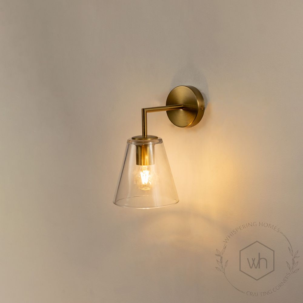 Vara Glass Antique Brass Bell Wall Light Light On White Background