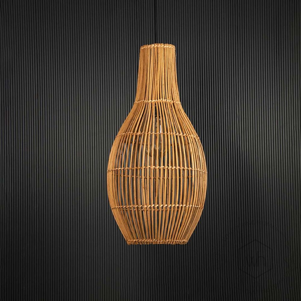 Artistic Handwoven Long Hanging Lamp Light Off Black Background