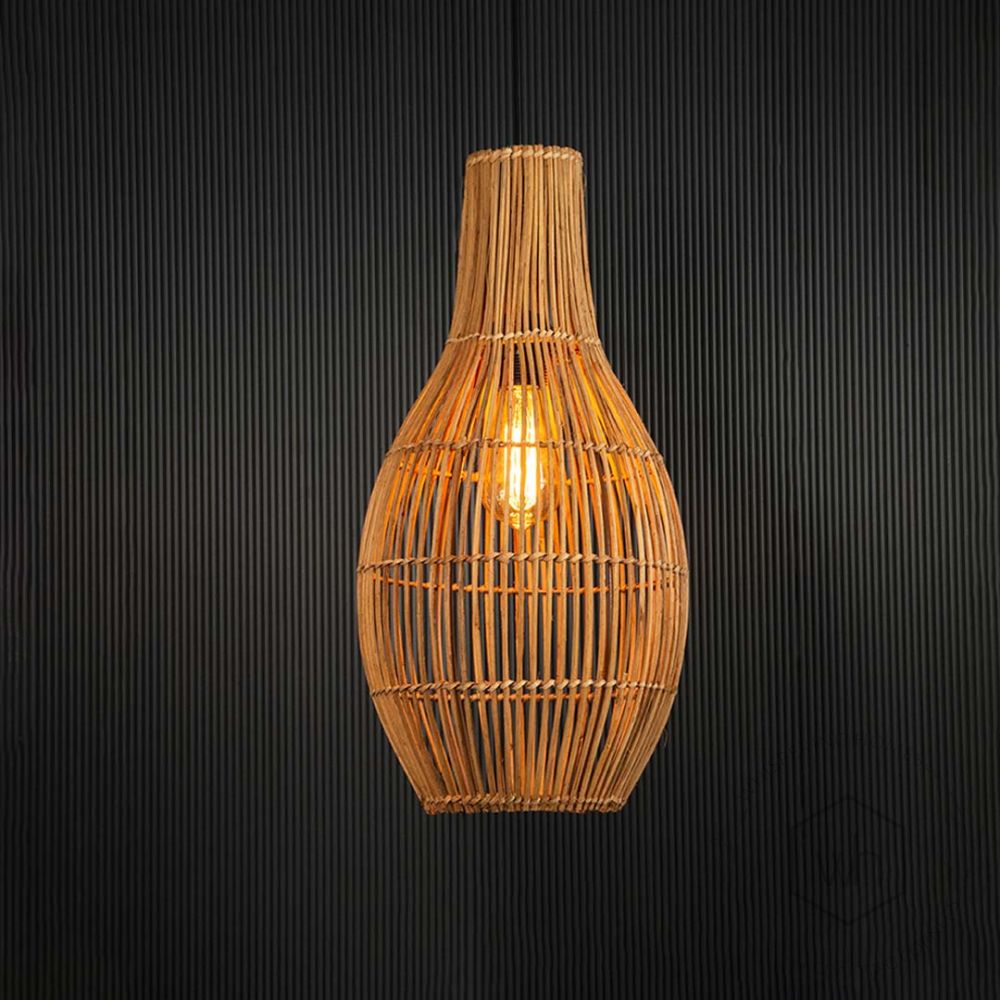 Artistic Handwoven Long Hanging Lamp Light On Black Background