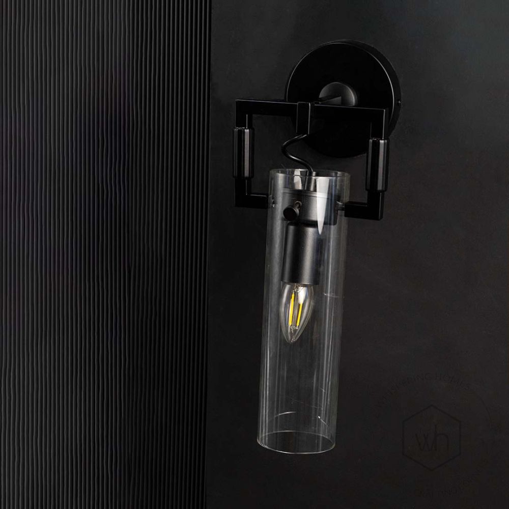 Astro Pimlico Balck Glass Wall Lamp Light Off Black Background