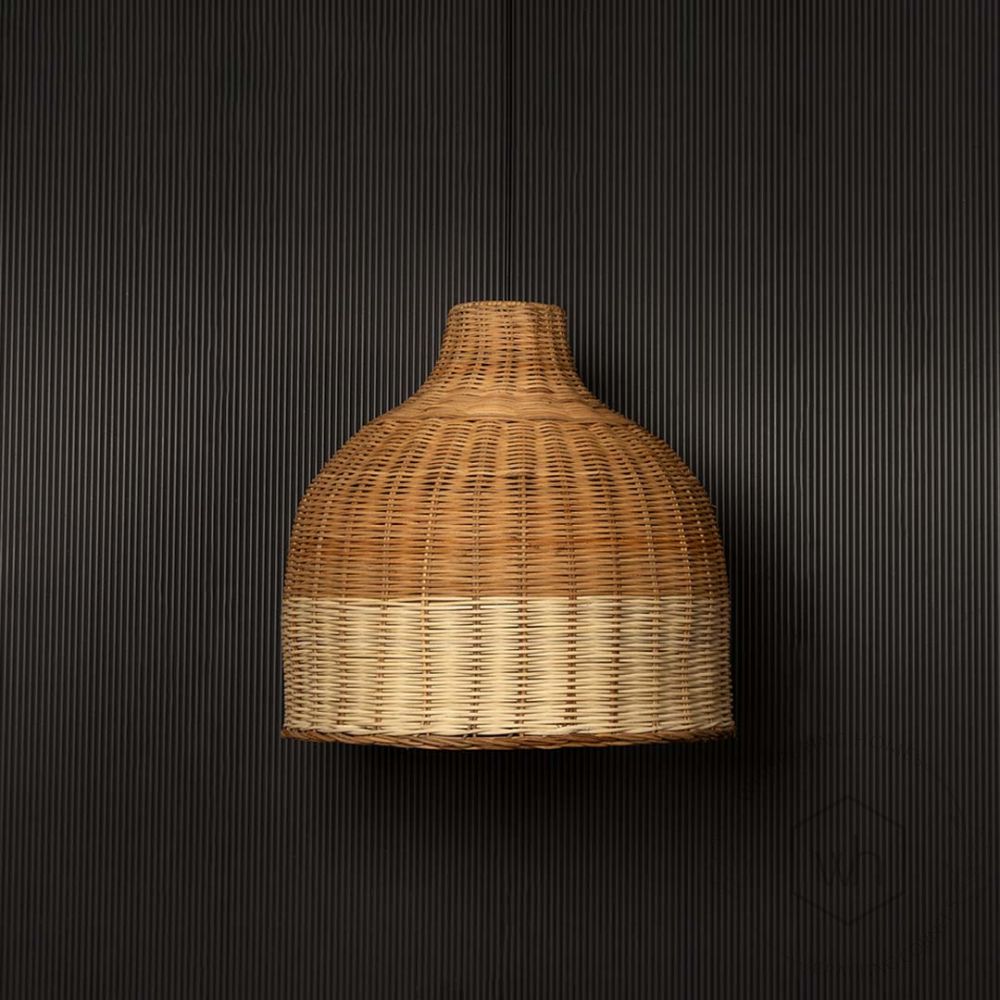 Beige Topped Basket Pendant Lamp Light Off Black Background