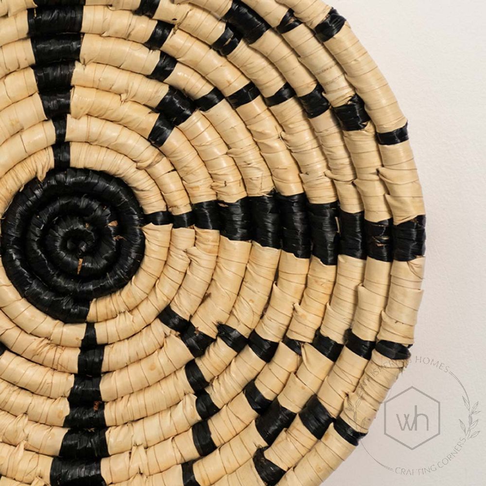 Beige With Black Stripe Handwoven Wall Baskets Closeup