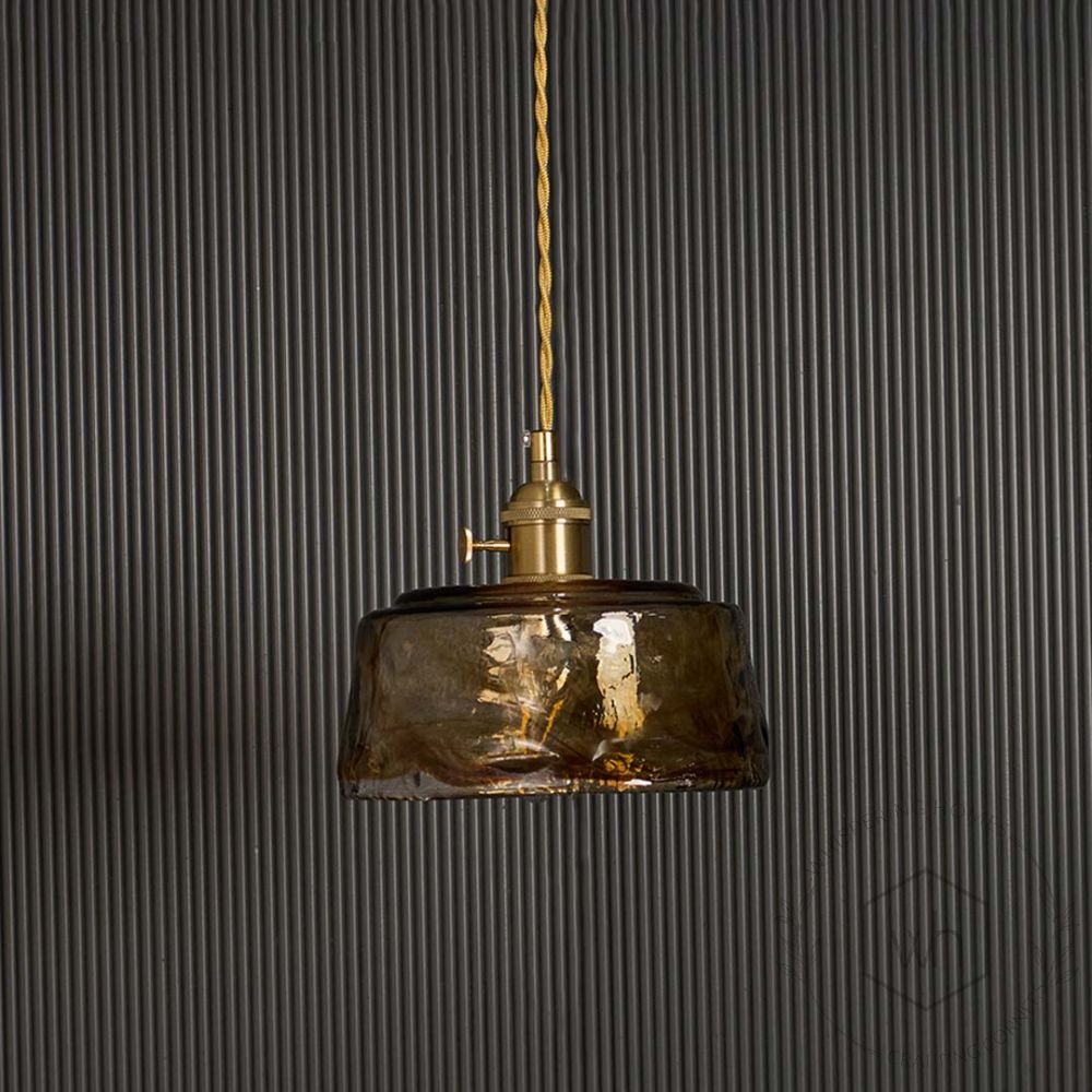Brass Orange Glass Pendant Light- Round