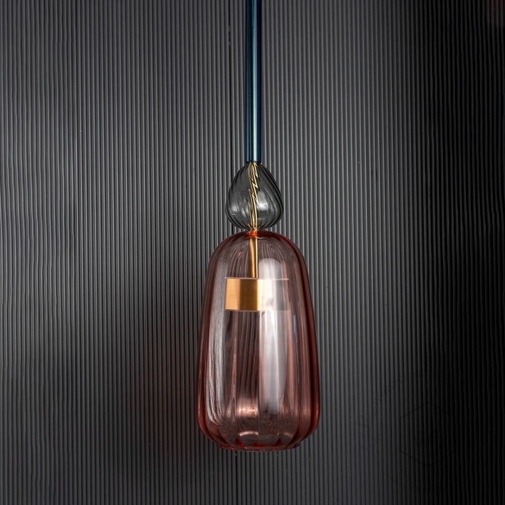 Candy Color Modern Pendant Light- Brass & Red & Blue & Smoky Light Off Black Background