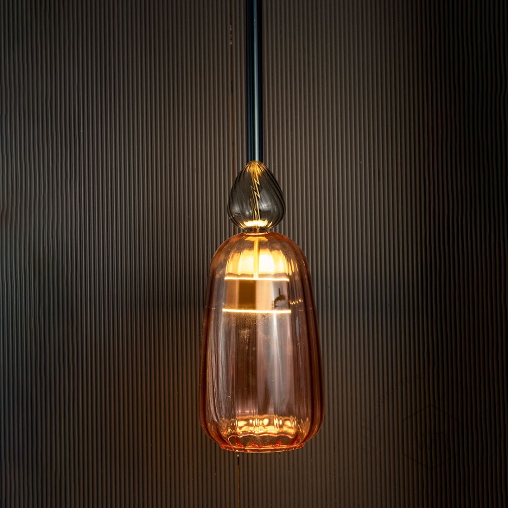 Candy Color Modern Pendant Light- Brass & Red & Blue & Smoky Light On Black Background