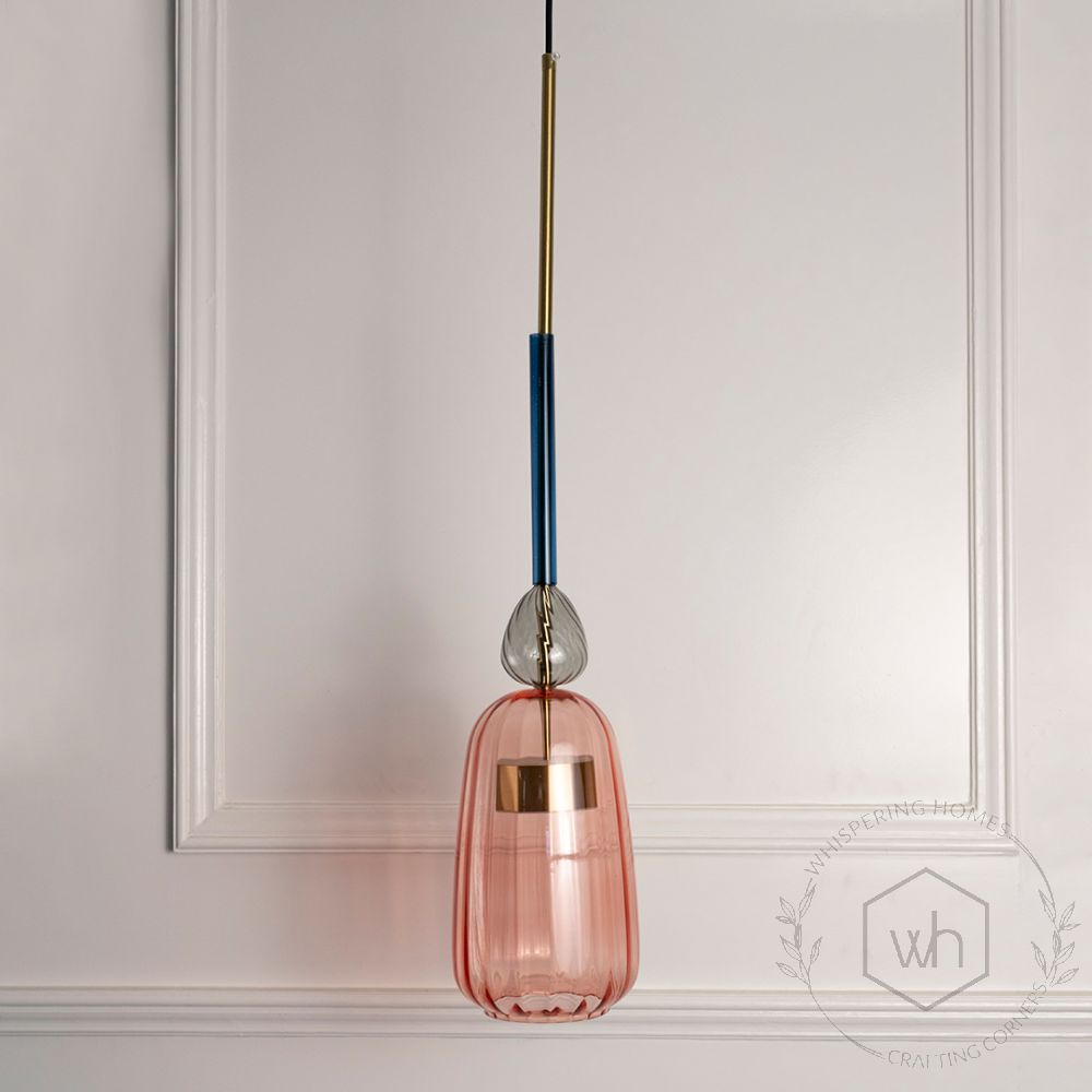 Candy Color Modern Pendant Light- Brass & Red & Blue & Smoky Light Off White Background