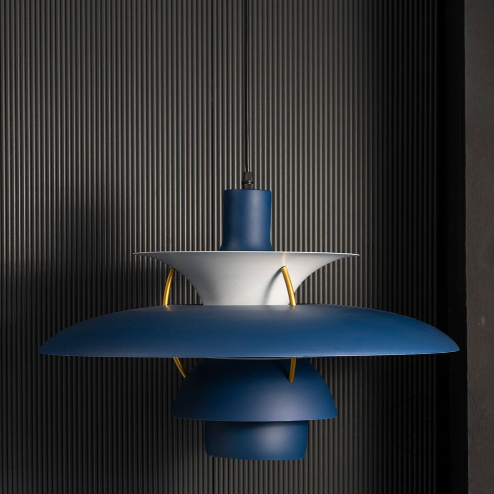 Louis Poulsen PH5 Inspired Pendant Light - Blue Light Off Black Background