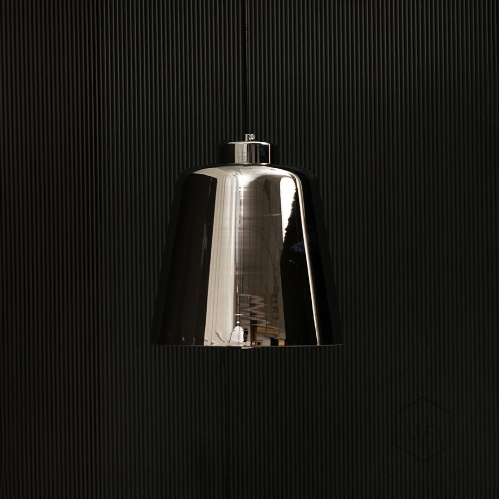 Conical Mesh Hanging Light - ChromeLight Off Black Background