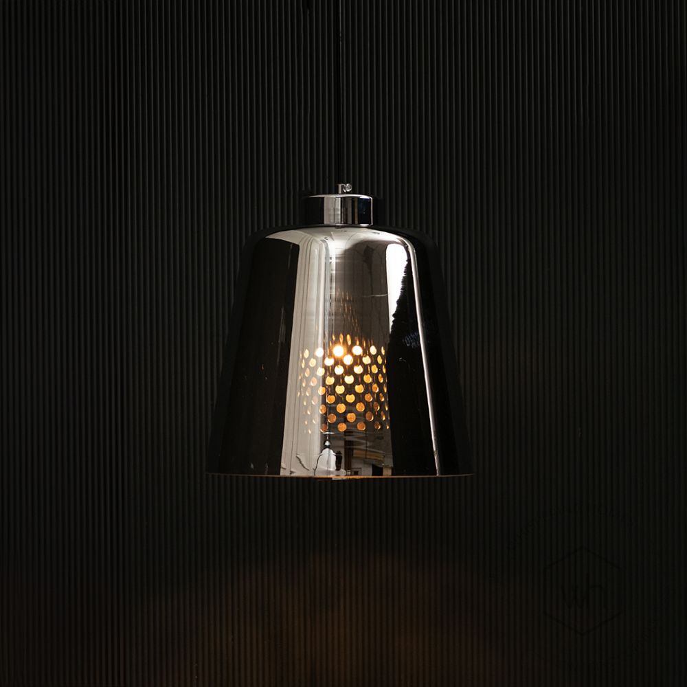 Conical Mesh Hanging Light - Chrome Light On Black Background