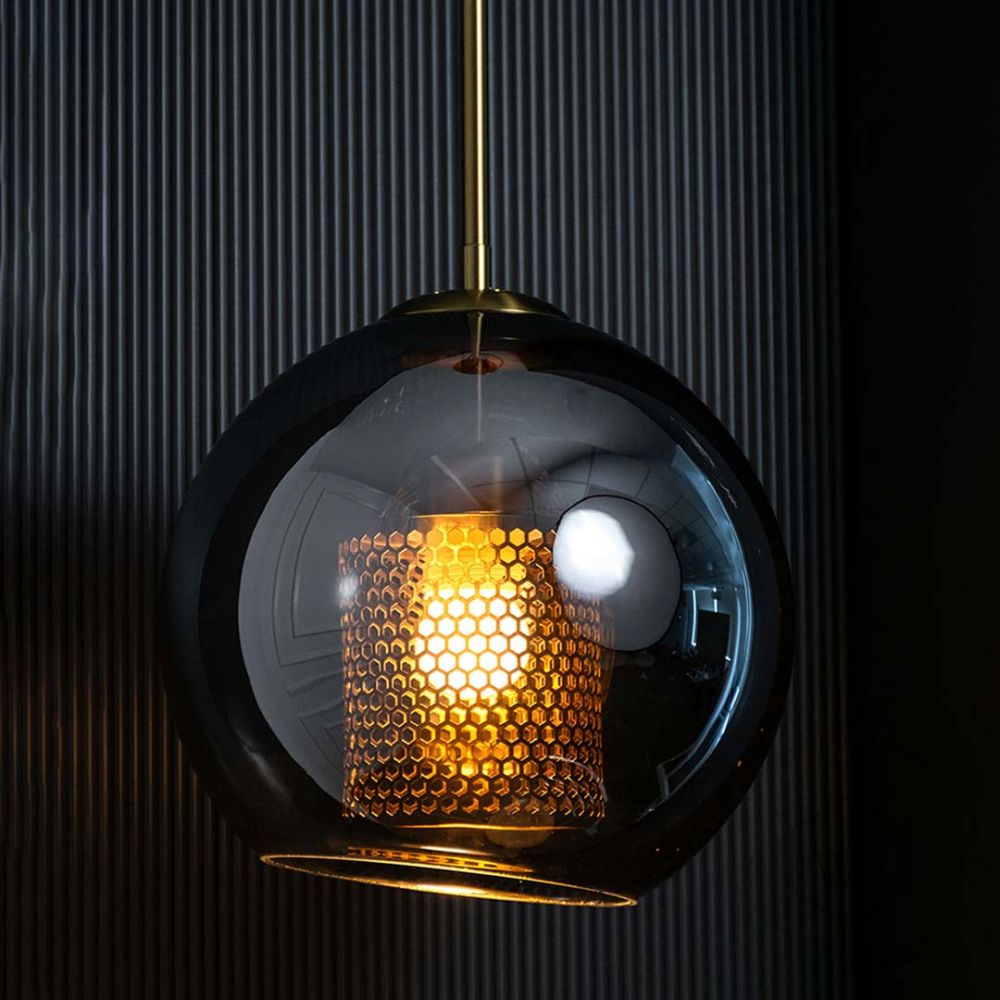 Decorative Rounded Grey Glass Crystal Pendant Lamp Light On Black Background