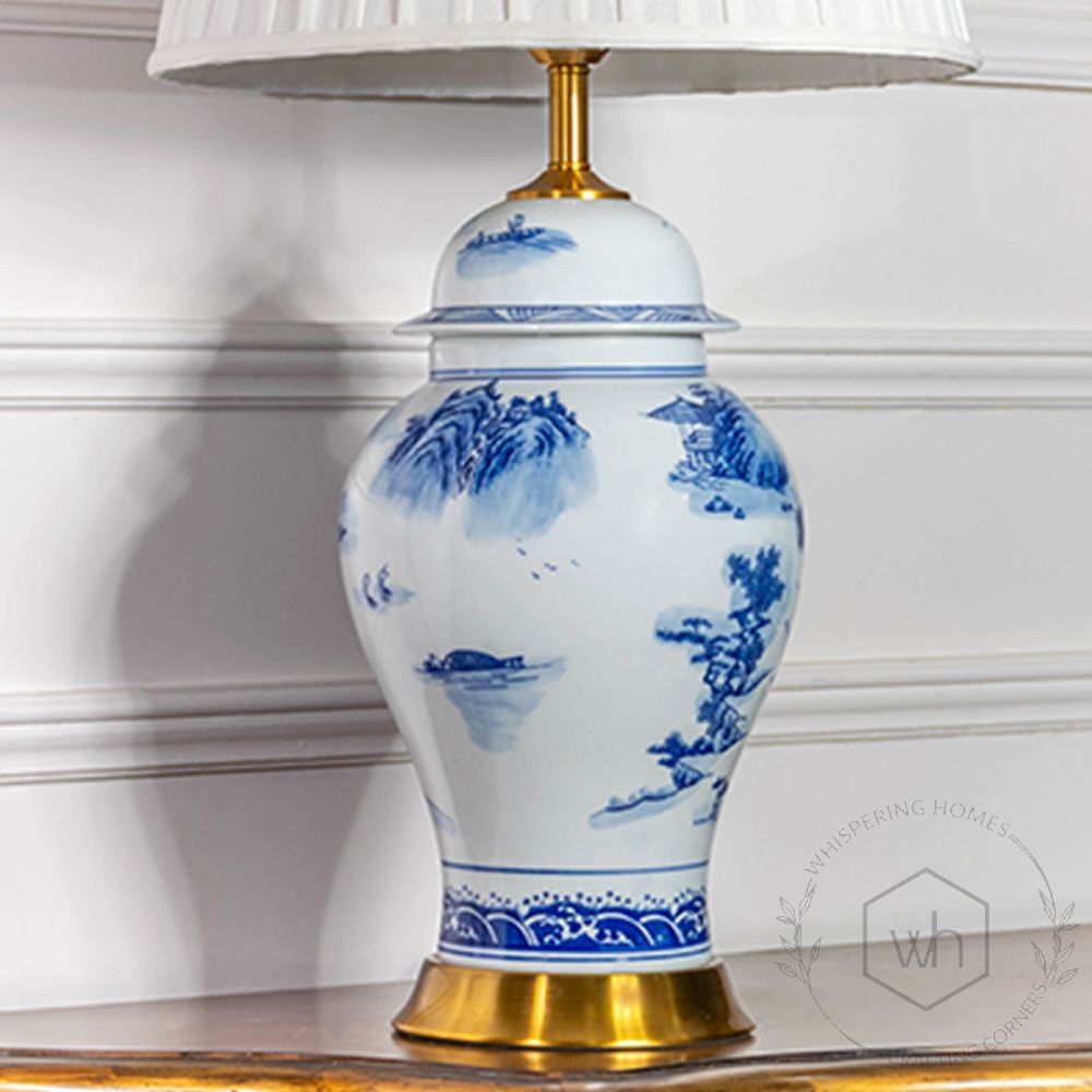 Delilah Blue Ceramic Table Lamp with White Shade