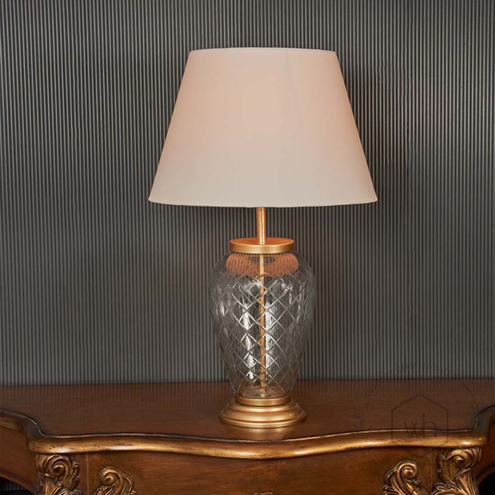 Diamond Cut Glass and Brass Antique Gold finish Royal Table Lamp with 23 inches Off White Lamp Shade