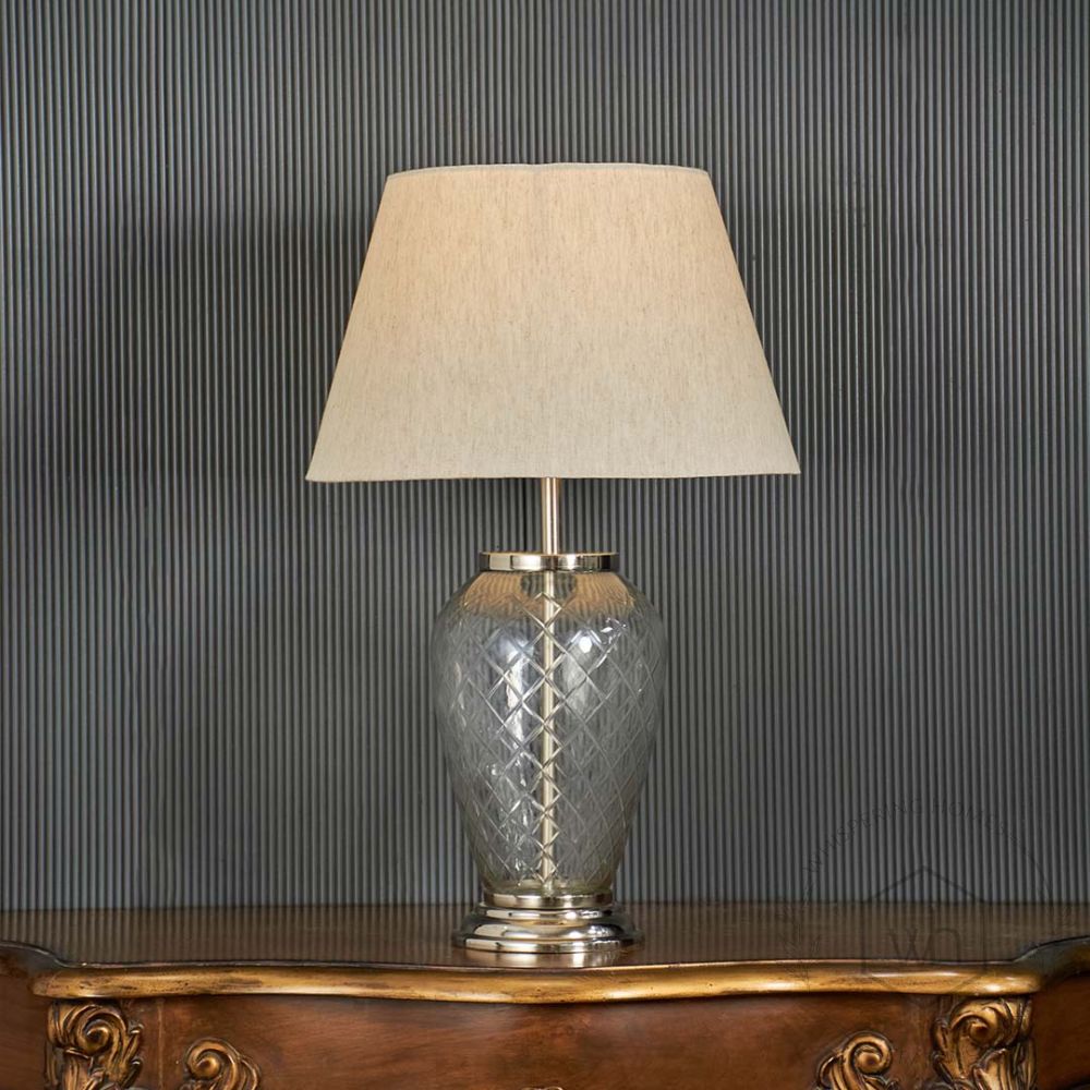 Diamond Cut Glass, Nickel Finish Royal Table Lamp with 14 inches Off White Lamp Shade