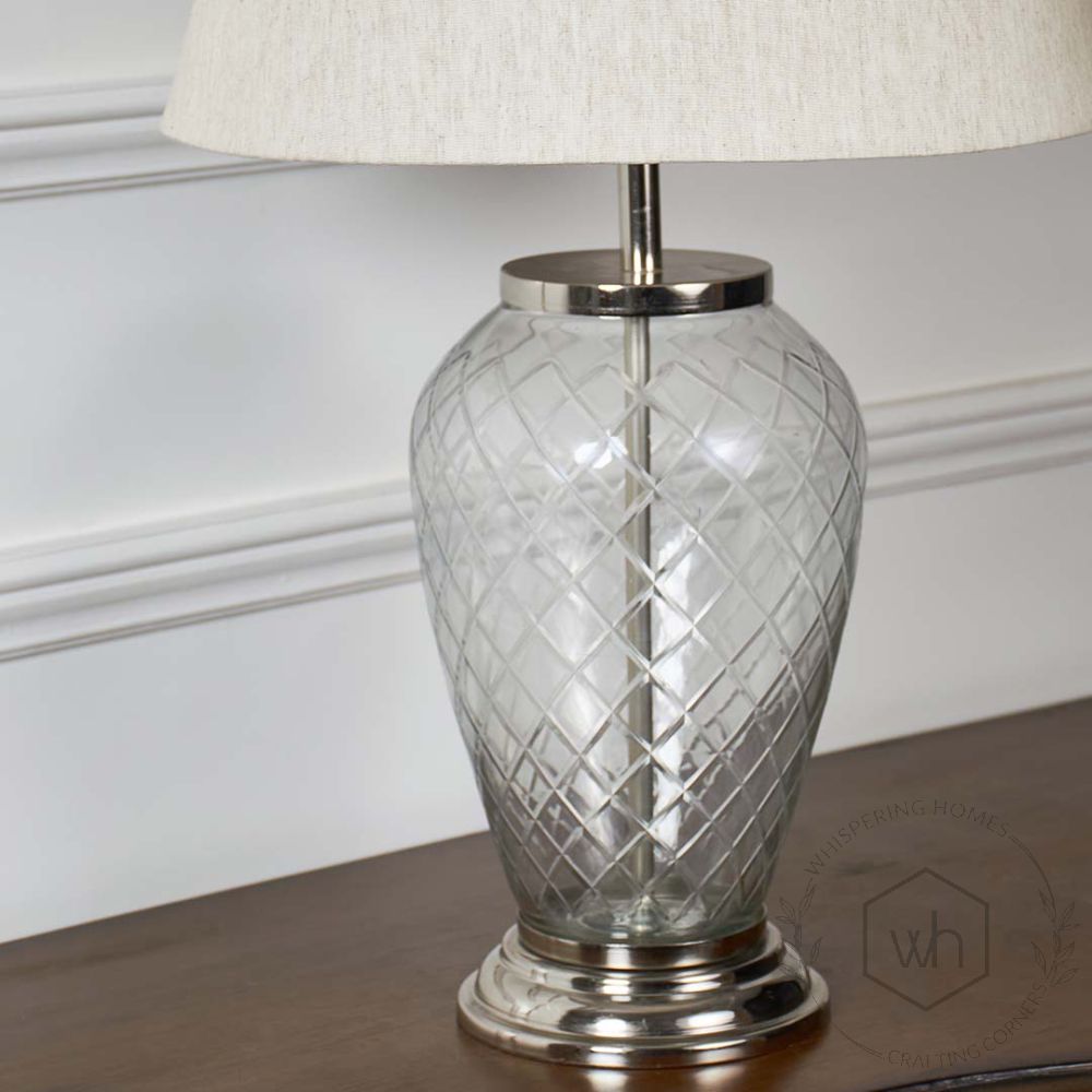 Diamond Cut Glass, Nickel Finish Royal Table Lamp with 14 inches Off White Lamp Shade