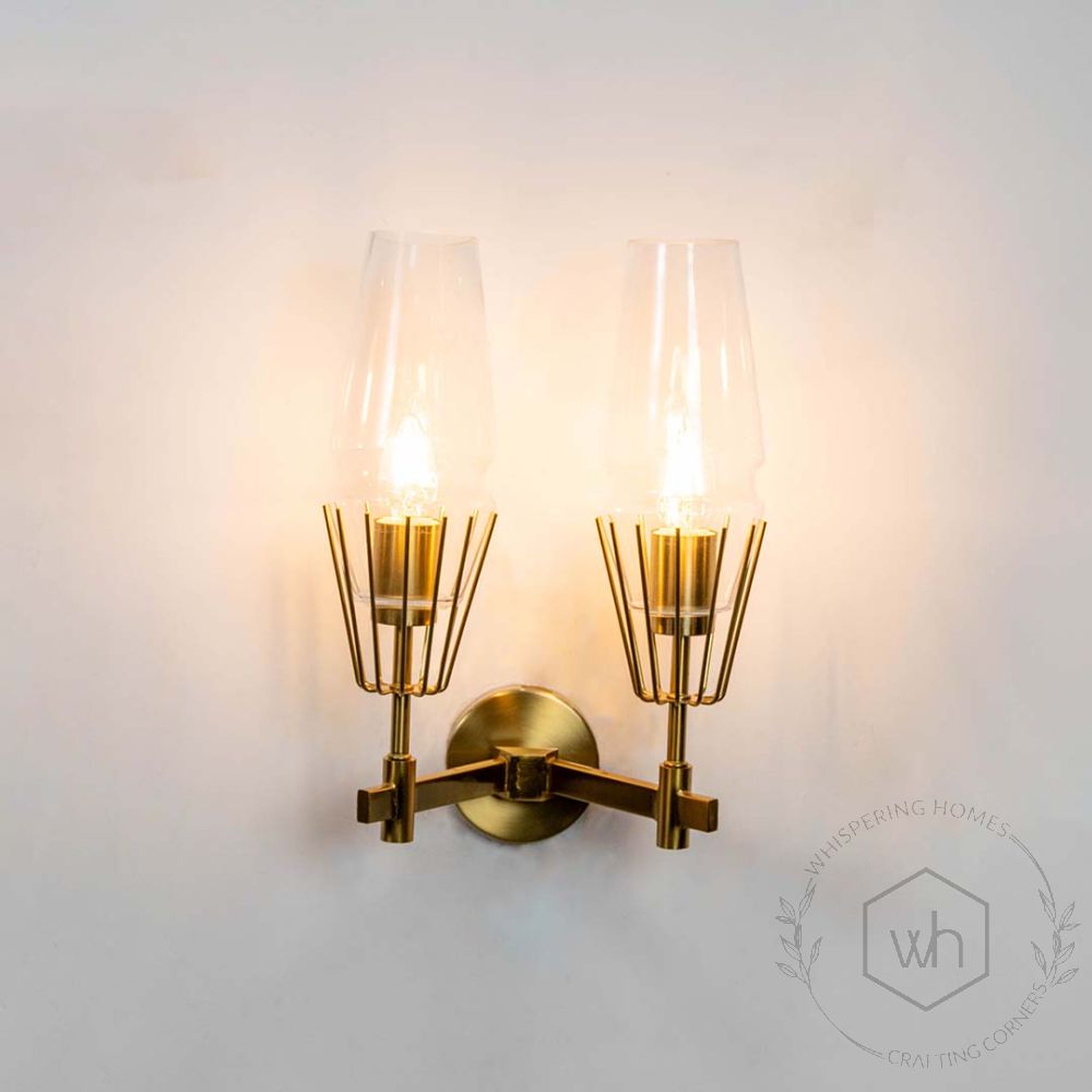 Dual Diamond Shape Glass & Metal Golden Wall Lamp Light On White Background