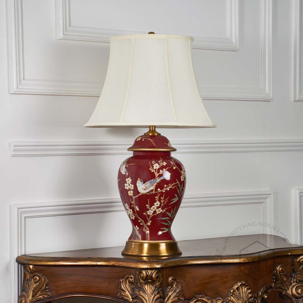 Elegance Glow Chinese Style Ceramic Table Lamp with White Shade - Red Light Off White Background