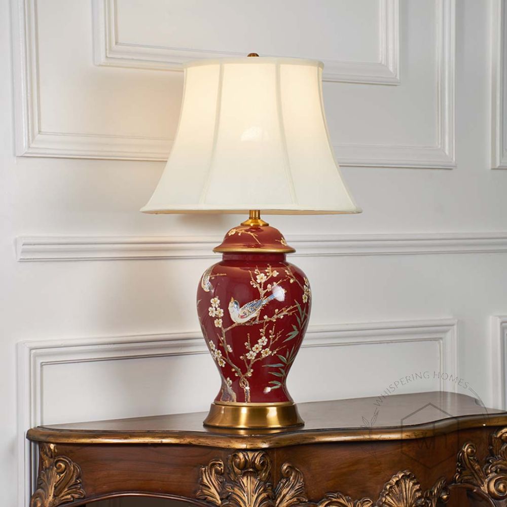 Elegance Glow Chinese Style Ceramic Table Lamp with White Shade - Red Light On White Background