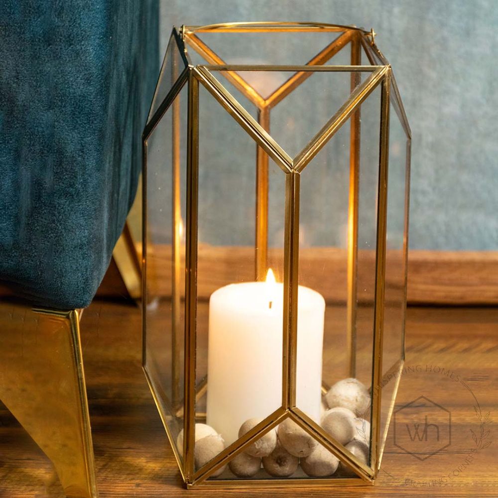 Glass Terrarium Gold Metal & Glass Geometric Candle Lantern - Large Light On White Background