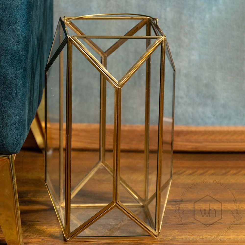 Glass Terrarium Gold Metal & Glass Geometric Candle Lantern - Large White Background