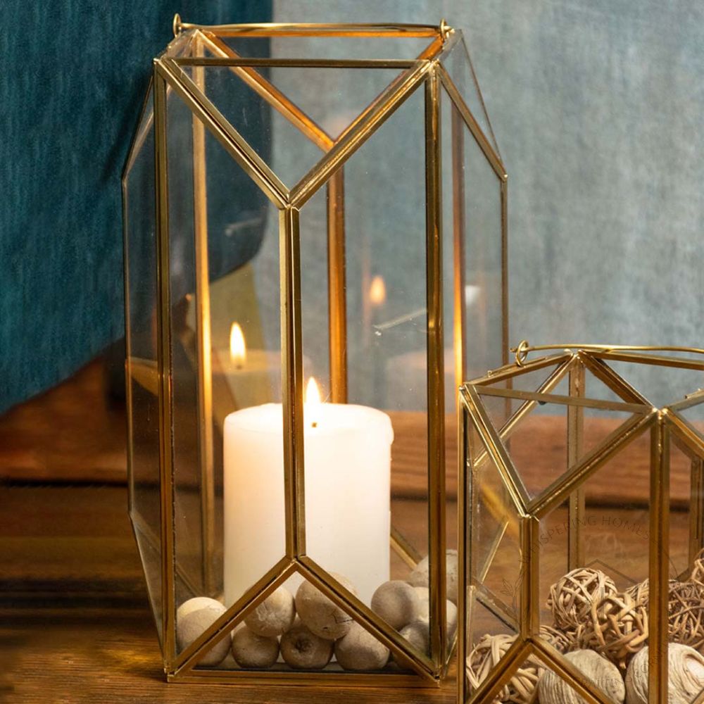 Glass Terrarium Gold Metal & Glass Geometric Candle Lantern - Large Lifestyle