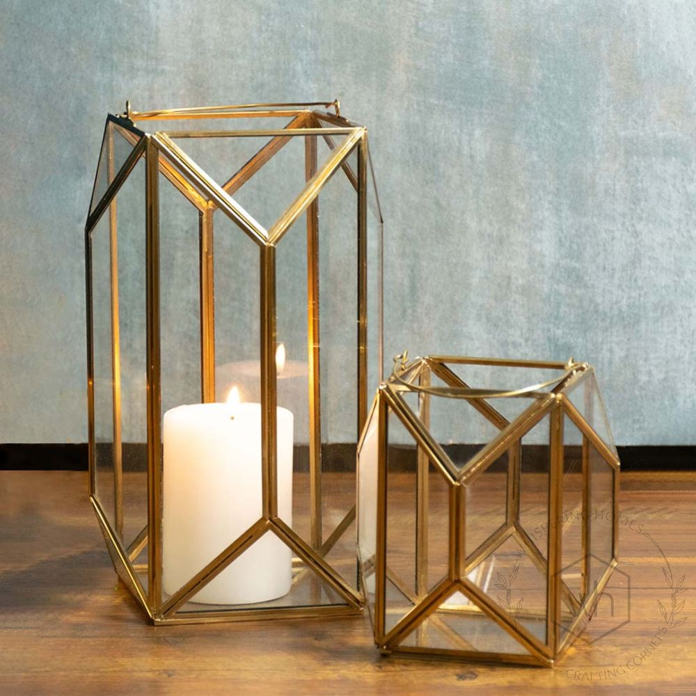 Glass Terrarium Gold Metal & Glass Geometric Candle Lantern - Large Lifestyle