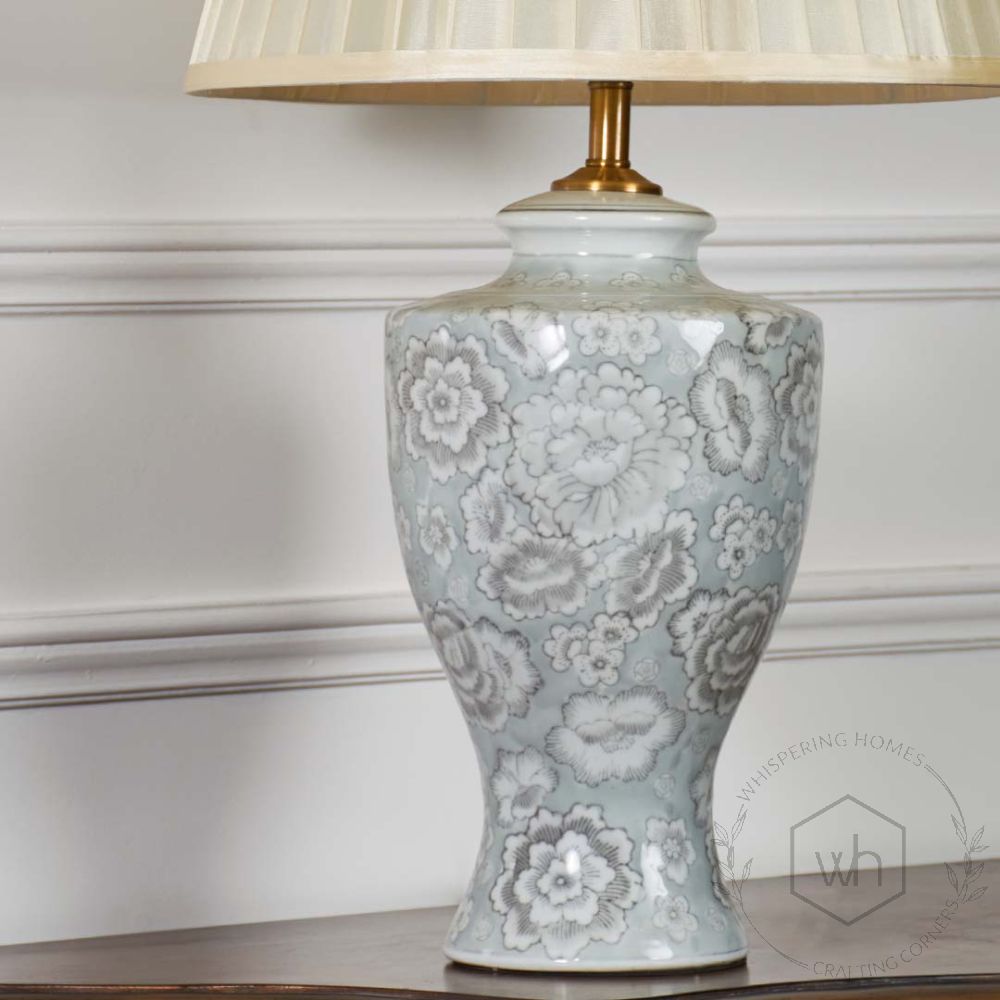 Florish Flower Pattern Grey Ceramic Table Lamp with Cream Shade Closeup