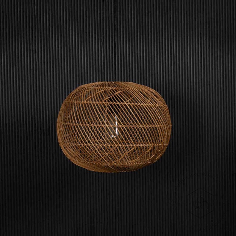 Orbicular Rattan Hanging Lamp Light Off Black Background