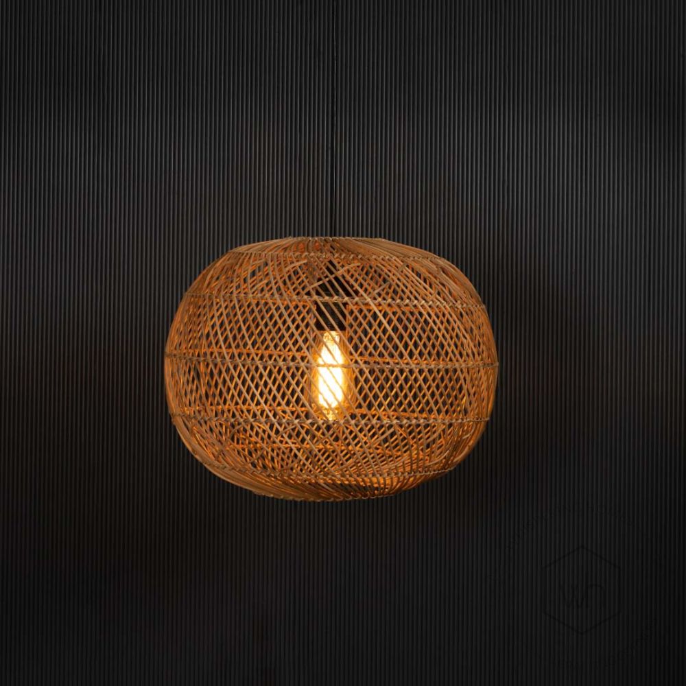 Orbicular Rattan Hanging Lamp Light On Black Background