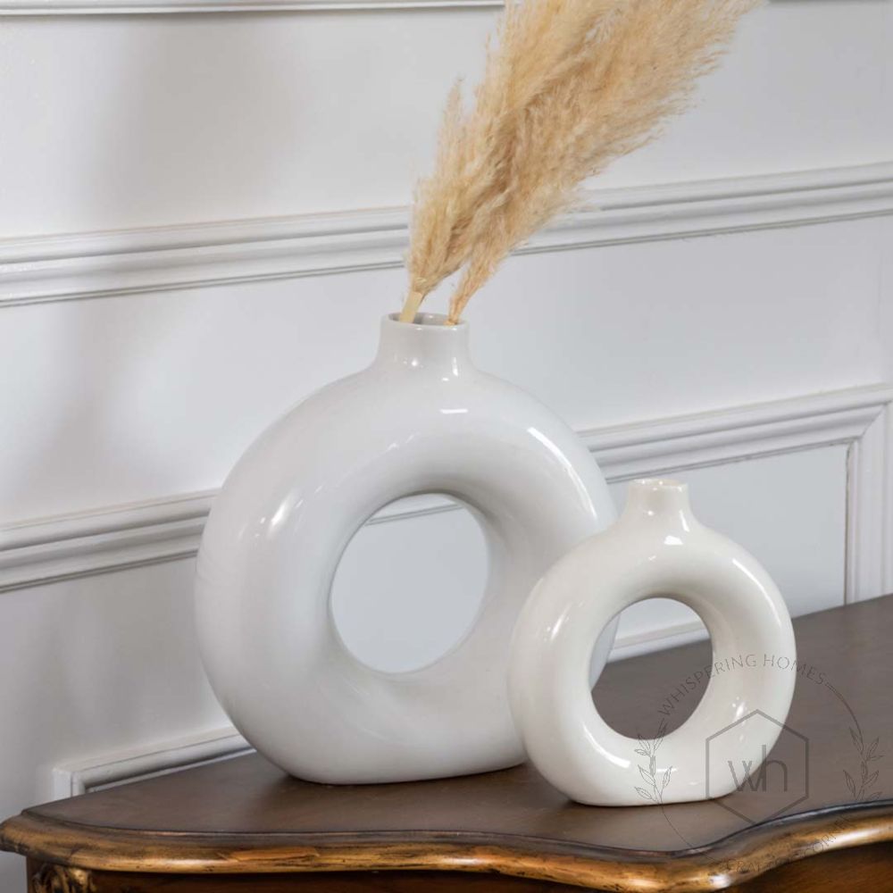 Glossy White Ceramic Donut Flower Vase Large