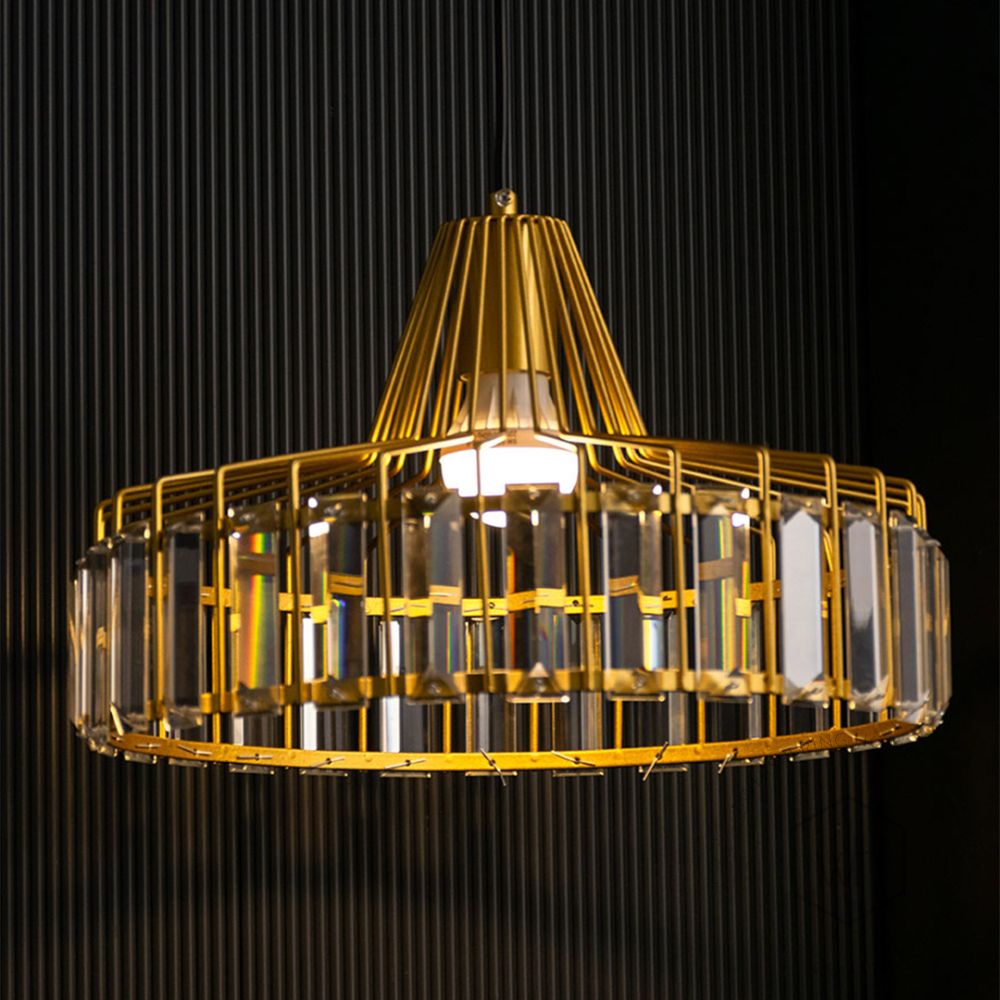 Golden Crystal Glass Shade Hanging Pendant Lamp Light On Black Background