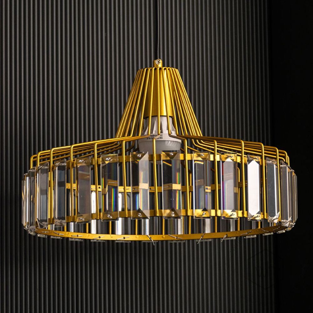 Golden Crystal Glass Shade Hanging Pendant Lamp Light Off Black Background