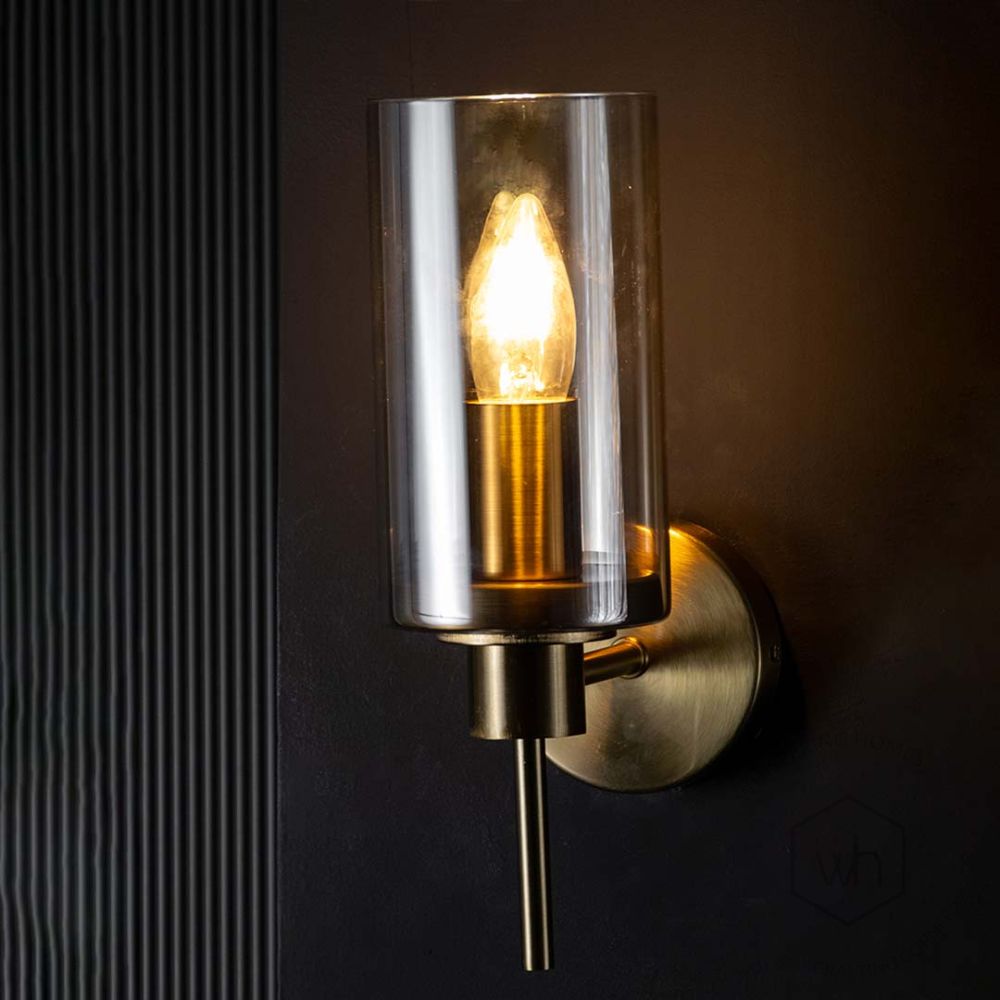 Golden Essence Modern Metal & Glass Wall Sconce Light On Black Background