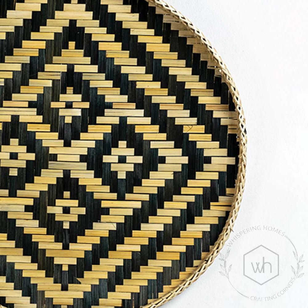 Herringbone Bamboo Round Wall Basket - Beige & Blue Closeup