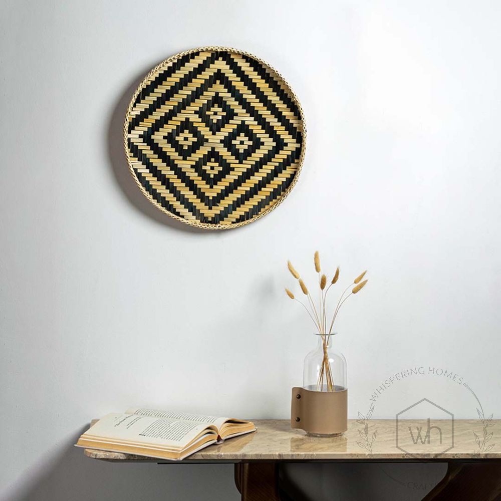 Herringbone Bamboo Round Wall Basket - Beige & Blue Lifestyle