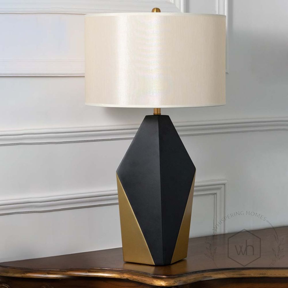 Arsa Black Metallic Table Lamp with White Shade Light Off White Background