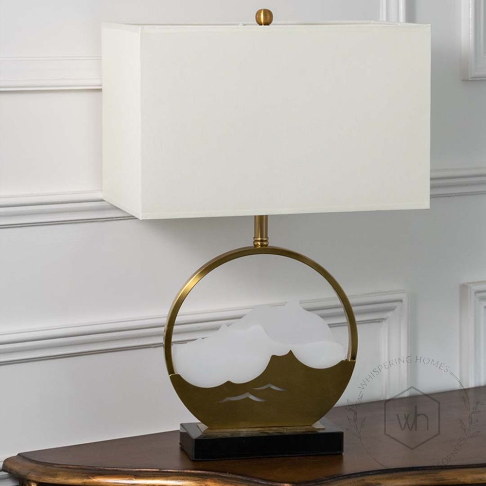 Wolke Golden Metallic Table Lamp with White Shade Light Off White Background