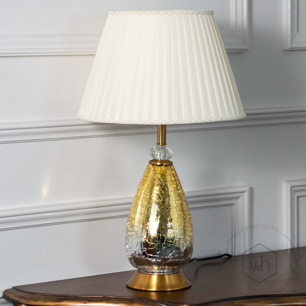 Fabula Golden Glass Table Lamp with White Shade Light Off White Background