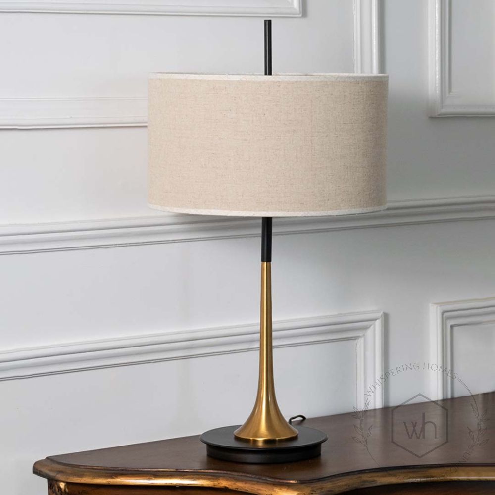 Lustroso Gold & Black Metal Table Lamp with White Shade Light Off White Background