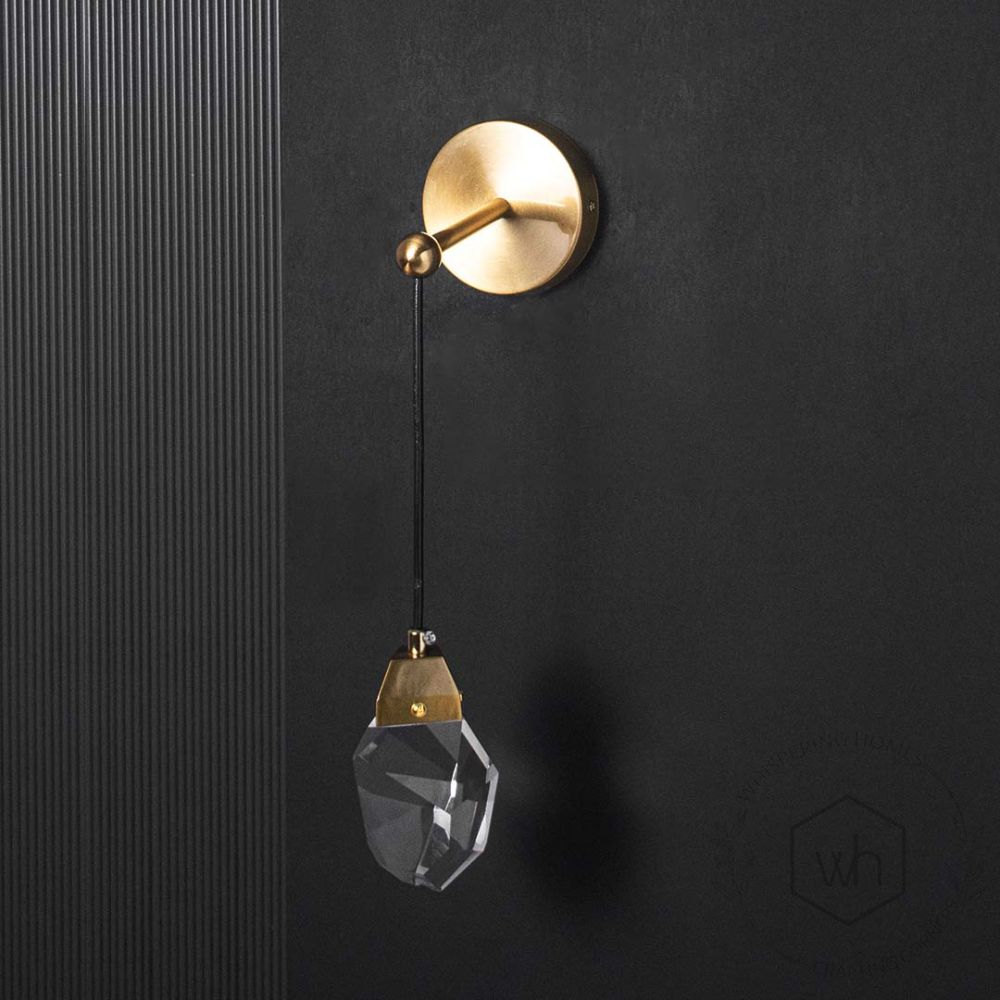 Sconce Crystal Wall Light - Brass & Clear Light Off Black Background