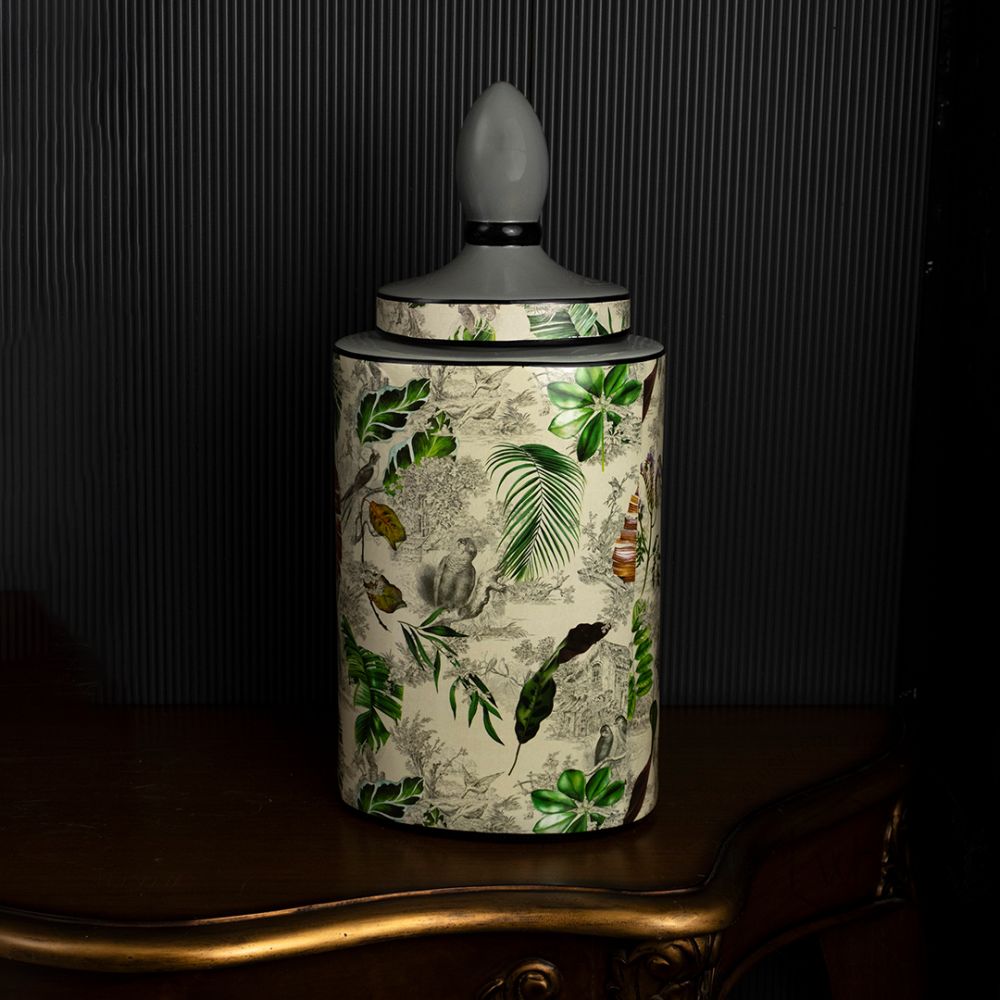 Leaf Pattern with Lid Jar - Large Black Background