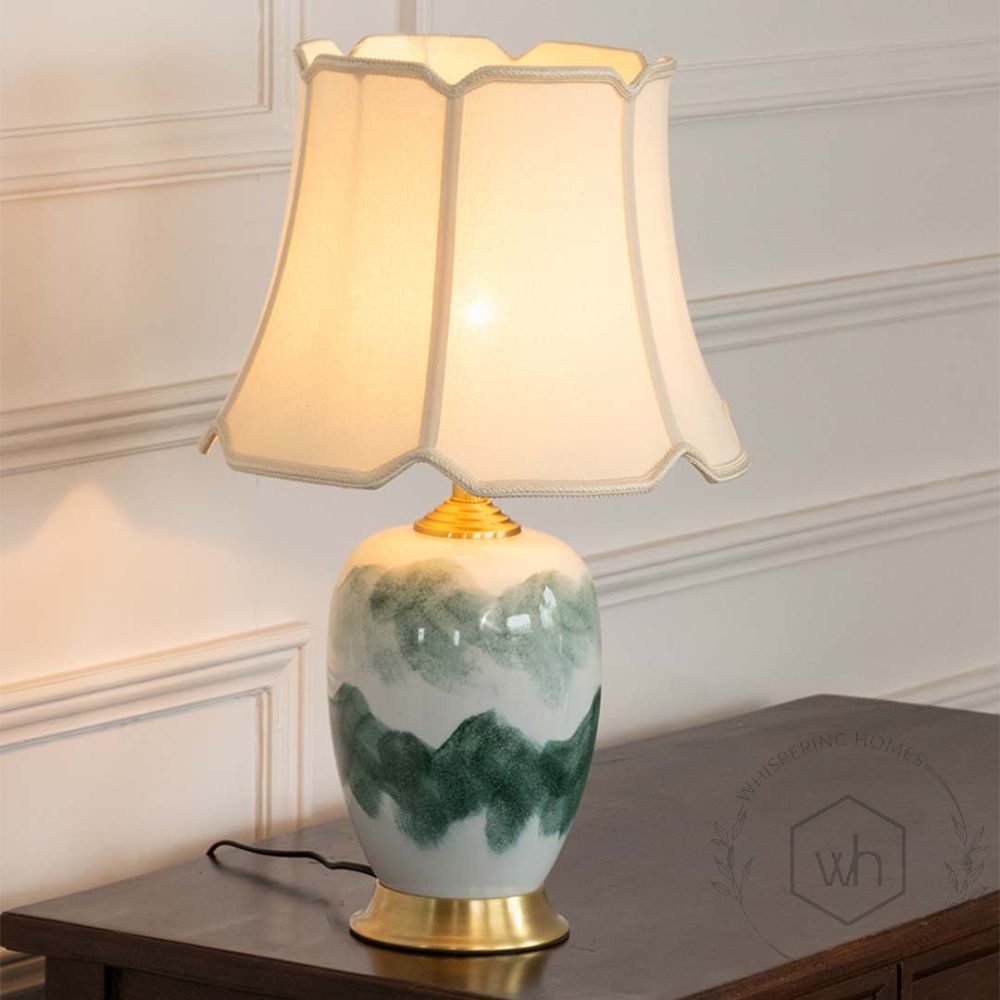 Lhotse Green Ceramic Table Lamp with White Shade