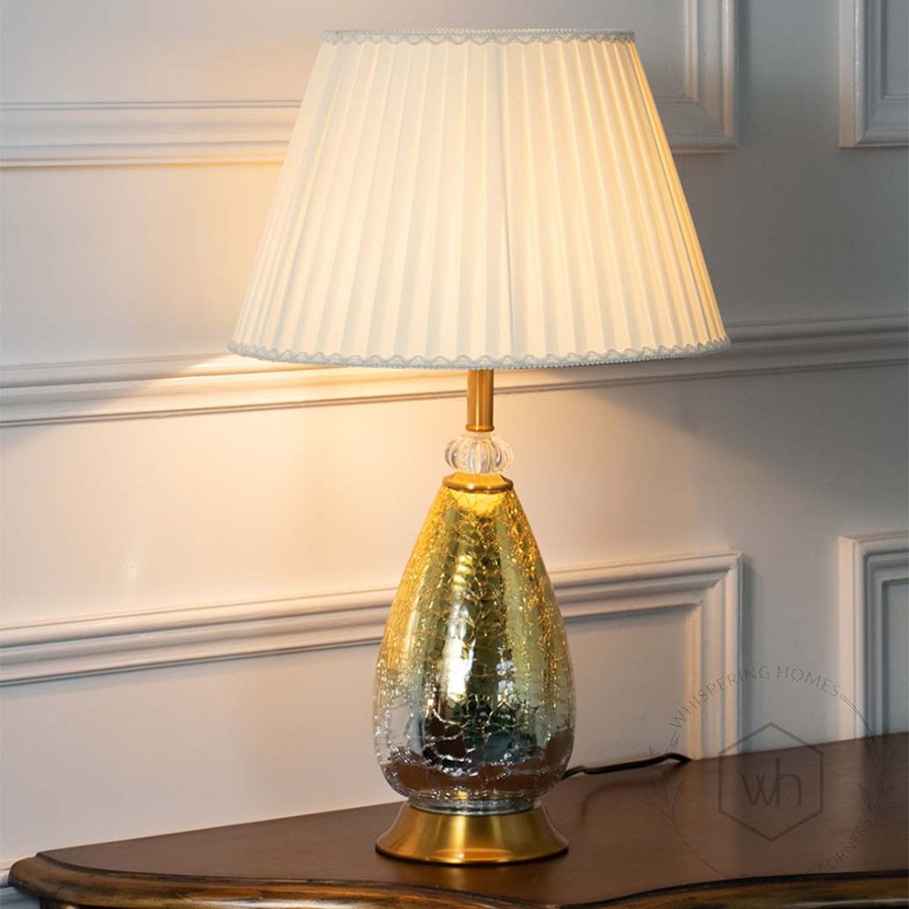 Fabula Golden Glass Table Lamp with White Shade Light On White Background