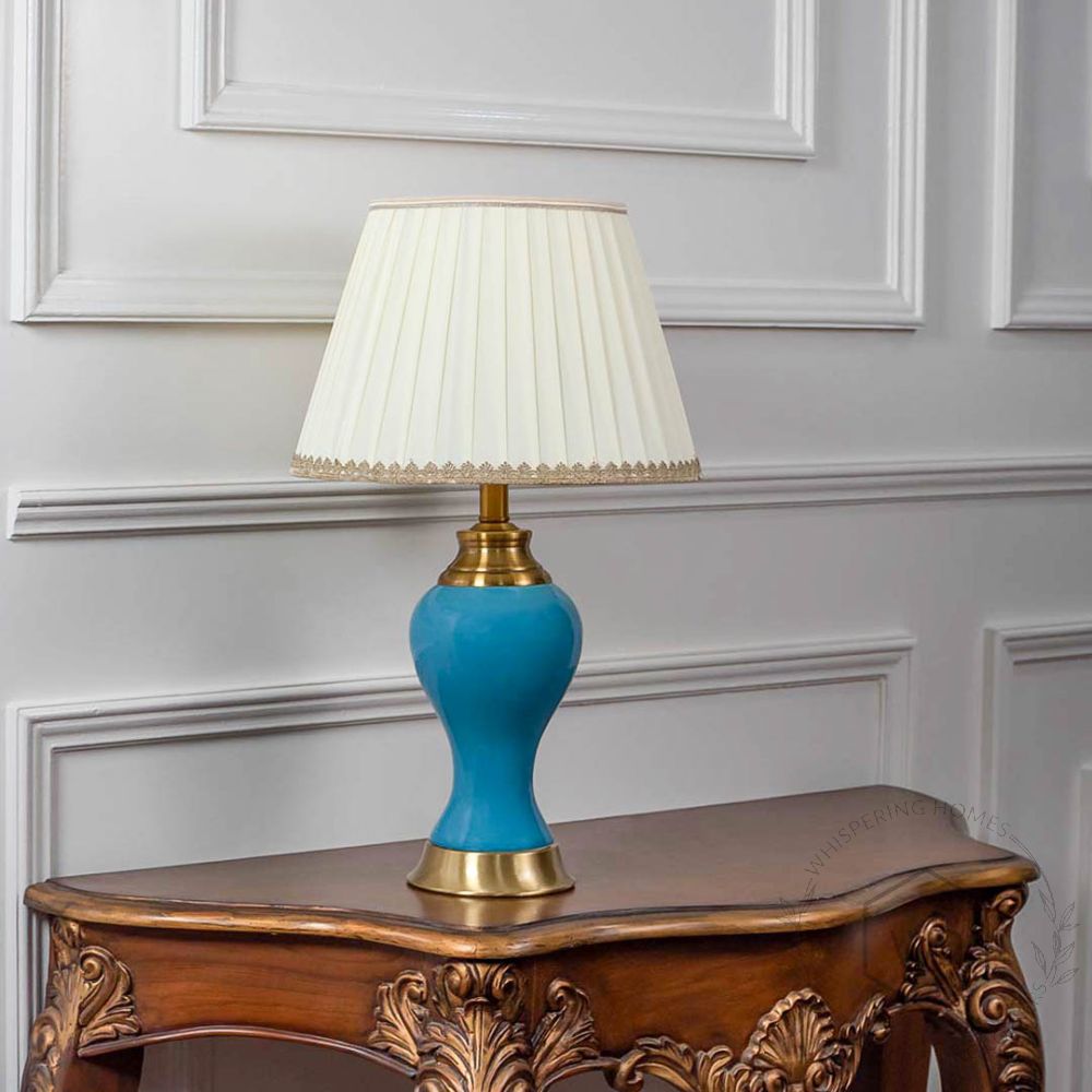 Maroq Table Lamp - Gold & Blue Light Off White Background