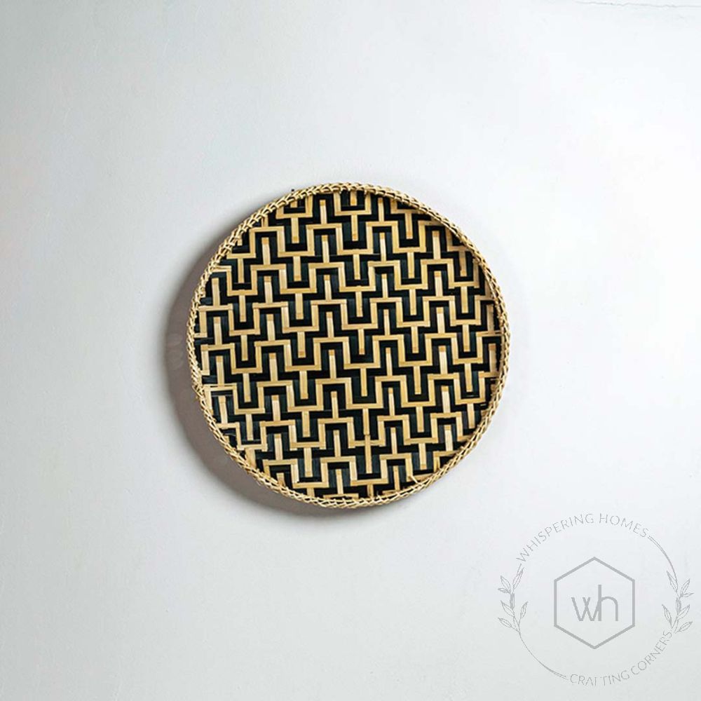 Maze Handwoven Round Wall Basket - Beige & Black White Background