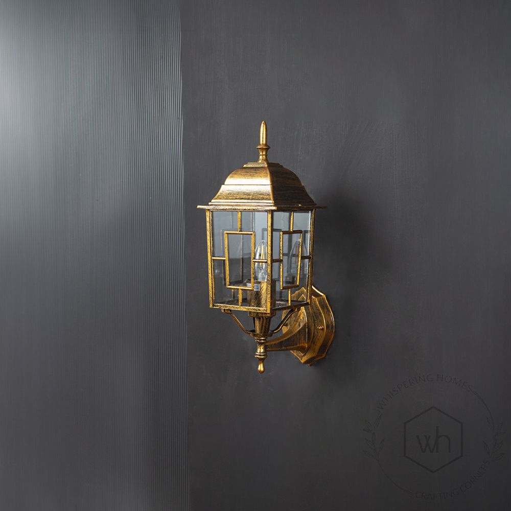 Mexican Outdoor Wall Lantern - Gold Light Off Black Background